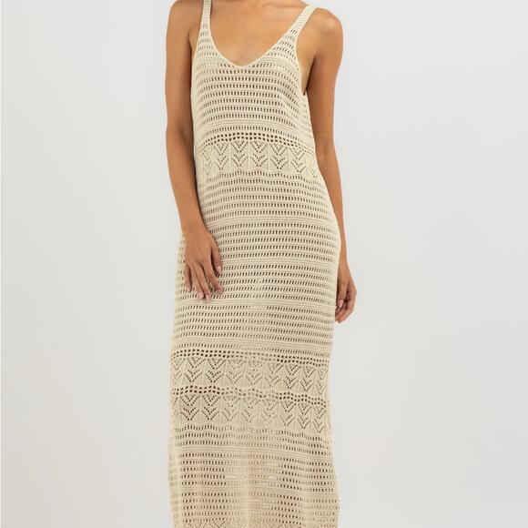 RIP CURL Crocheted Maxi Dress Beach Coverup Tan Large Cotton Vacation Relaxed - Picture 1 of 16